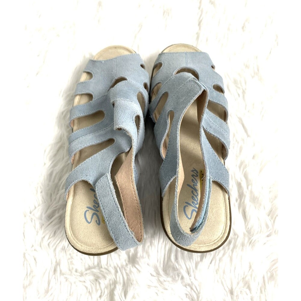 Skechers Memory Foam Womens Wedge Sandals Size 8 Blue Sky Suede Slingback - Picture 7 of 12